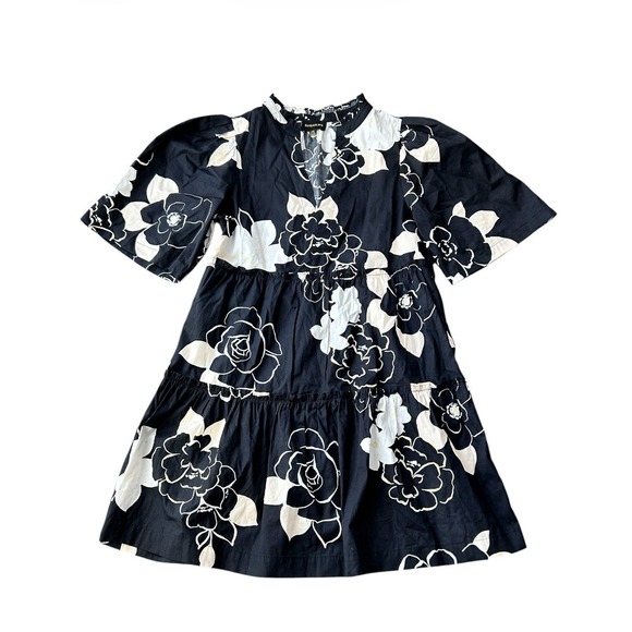 Sugarlips Dixie Split Neck Dress XS NWOT Black Taupe Floral Cotton Pockets Mini - Picture 6 of 7